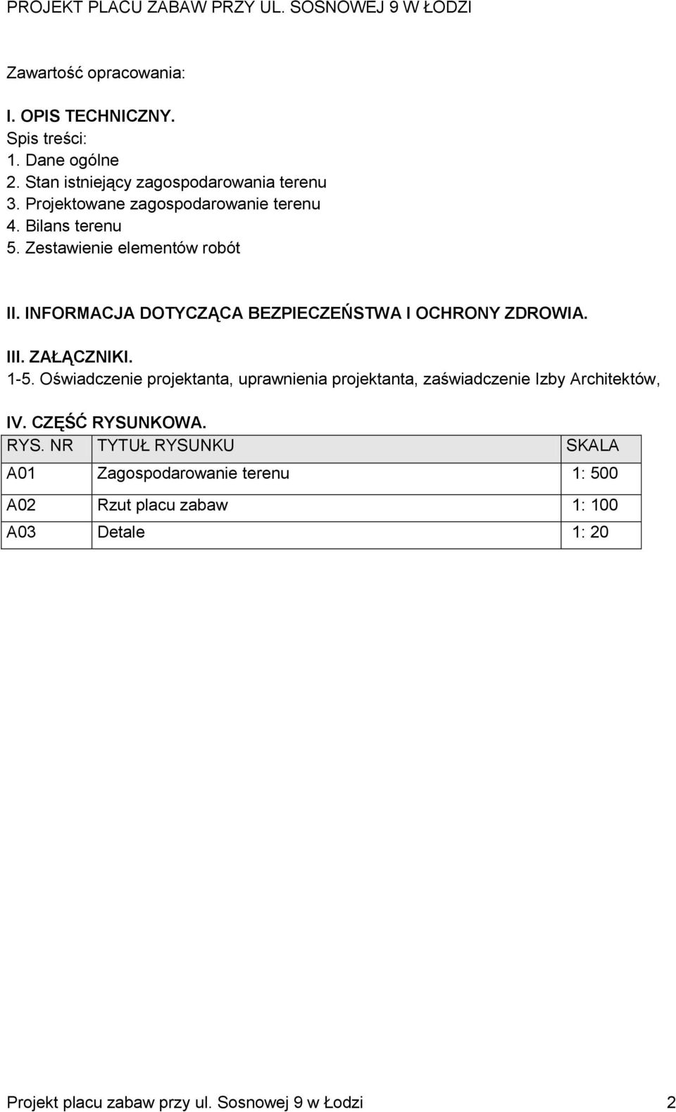 INFORMACJA DOTYCZĄCA BEZPIECZEŃSTWA I OCHRONY ZDROWIA. III. ZAŁĄCZNIKI. 1-5.