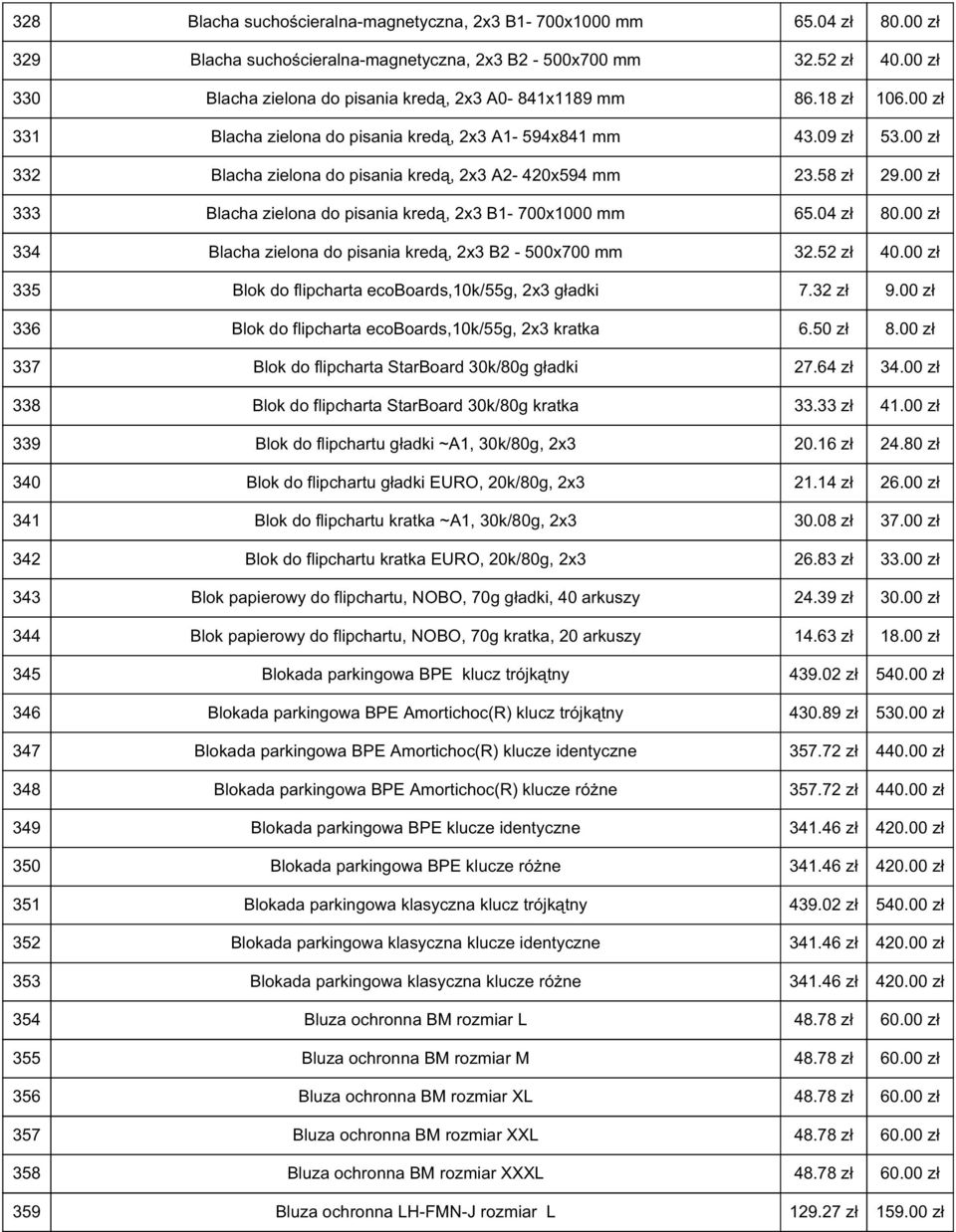 00 333 Blacha zielona do pisania kredą, 2x3 B1-700x1000 mm 65.04 80.00 334 Blacha zielona do pisania kredą, 2x3 B2-500x700 mm 32.52 40.00 335 Blok do flipcharta ecoboards,10k/55g, 2x3 gładki 7.32 9.