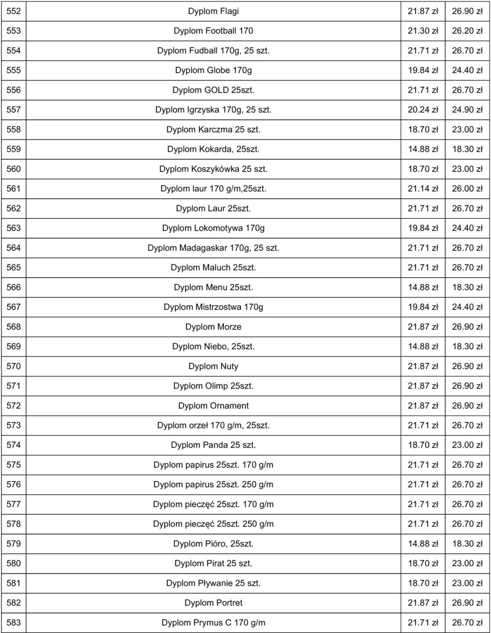 21.71 26.70 563 Dyplom Lokomotywa 170g 19.84 24.40 564 Dyplom Madagaskar 170g, 25 szt. 21.71 26.70 565 Dyplom Maluch 25szt. 21.71 26.70 566 Dyplom Menu 25szt. 14.88 18.