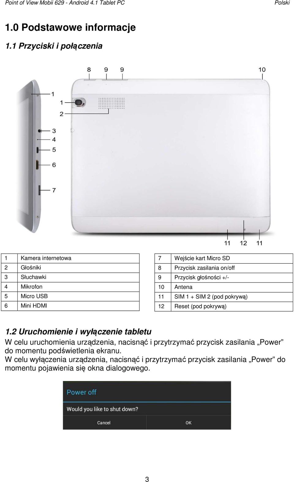 on/off 9 Przycisk głośności +/- 10 Antena 11 SIM 1 + SIM 2 (pod pokrywą) 12 Reset (pod pokrywą) 1.