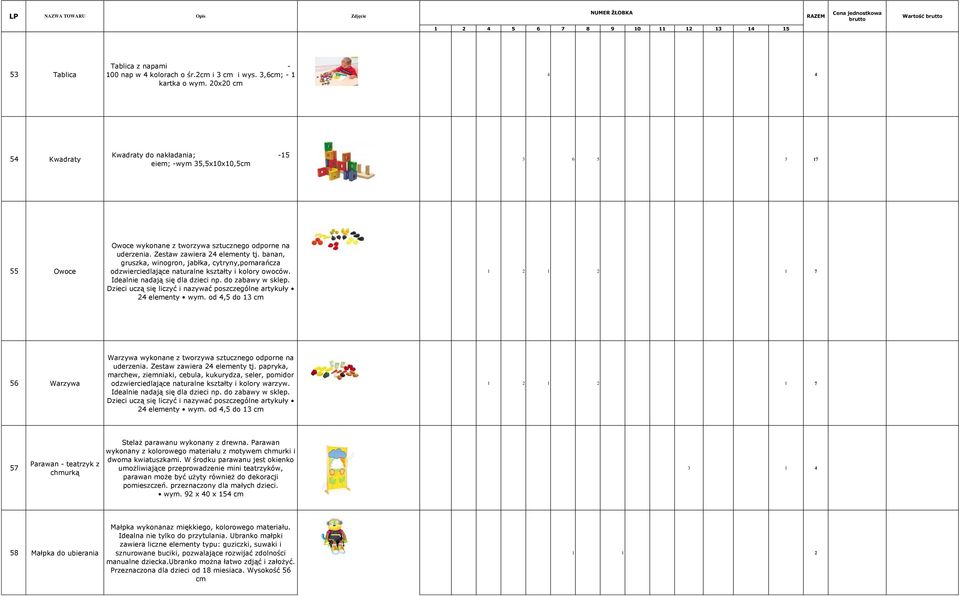 banan, gruszka, winogron, jabłka, cytryny,pomarańcza odzwierciedlające naturalne kształty i kolory owoców. Idealnie nadają się dla dzieci np. do zabawy w sklep.