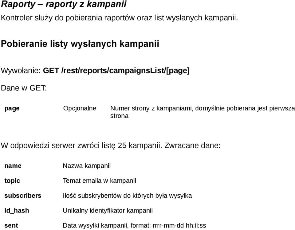 kampaniami, domyślnie pobierana jest pierwsza strona W odpowiedzi serwer zwróci listę 25 kampanii.