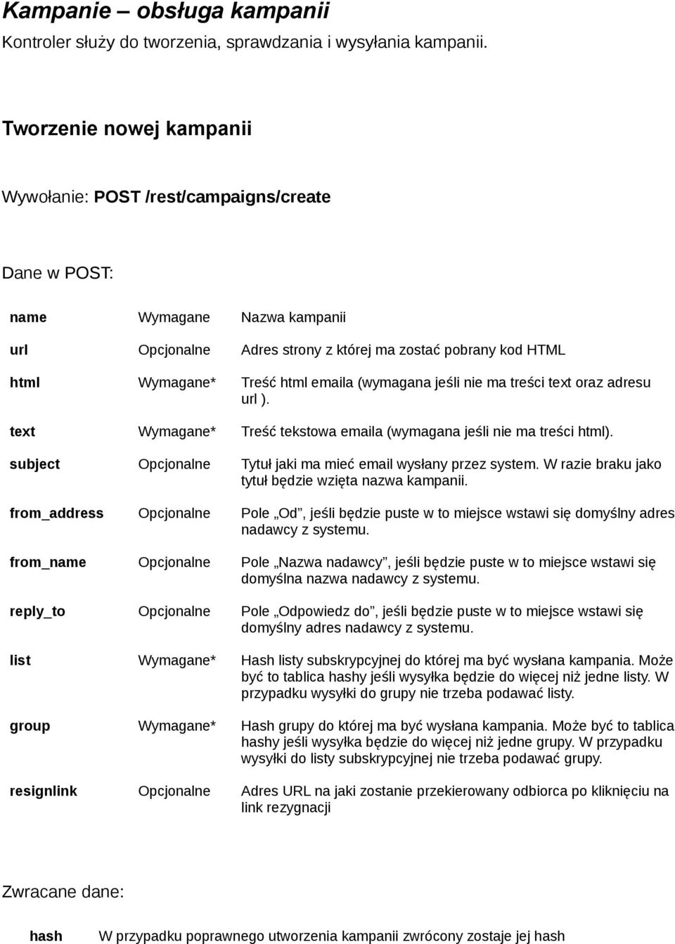 emaila (wymagana jeśli nie ma treści text oraz adresu url ). text Wymagane* Treść tekstowa emaila (wymagana jeśli nie ma treści html). subject Opcjonalne Tytuł jaki ma mieć email wysłany przez system.