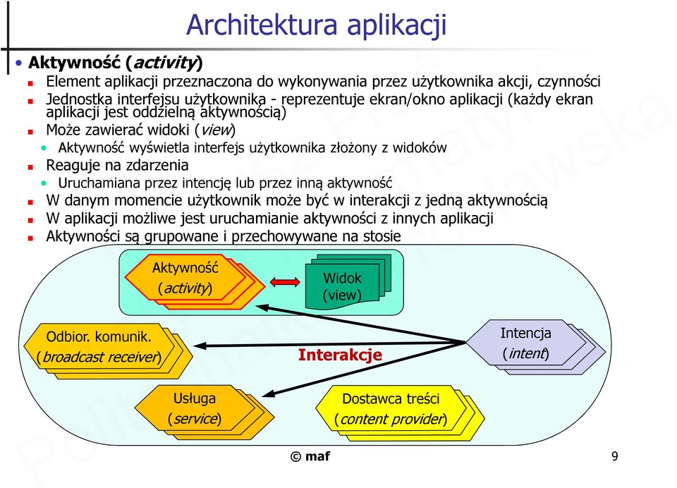 intencję lub przez inną aktywność W danym momencie użytkownik może być w interakcji z jedną aktywnością W aplikacji możliwe jest uruchamianie aktywności z innych aplikacji Aktywności są
