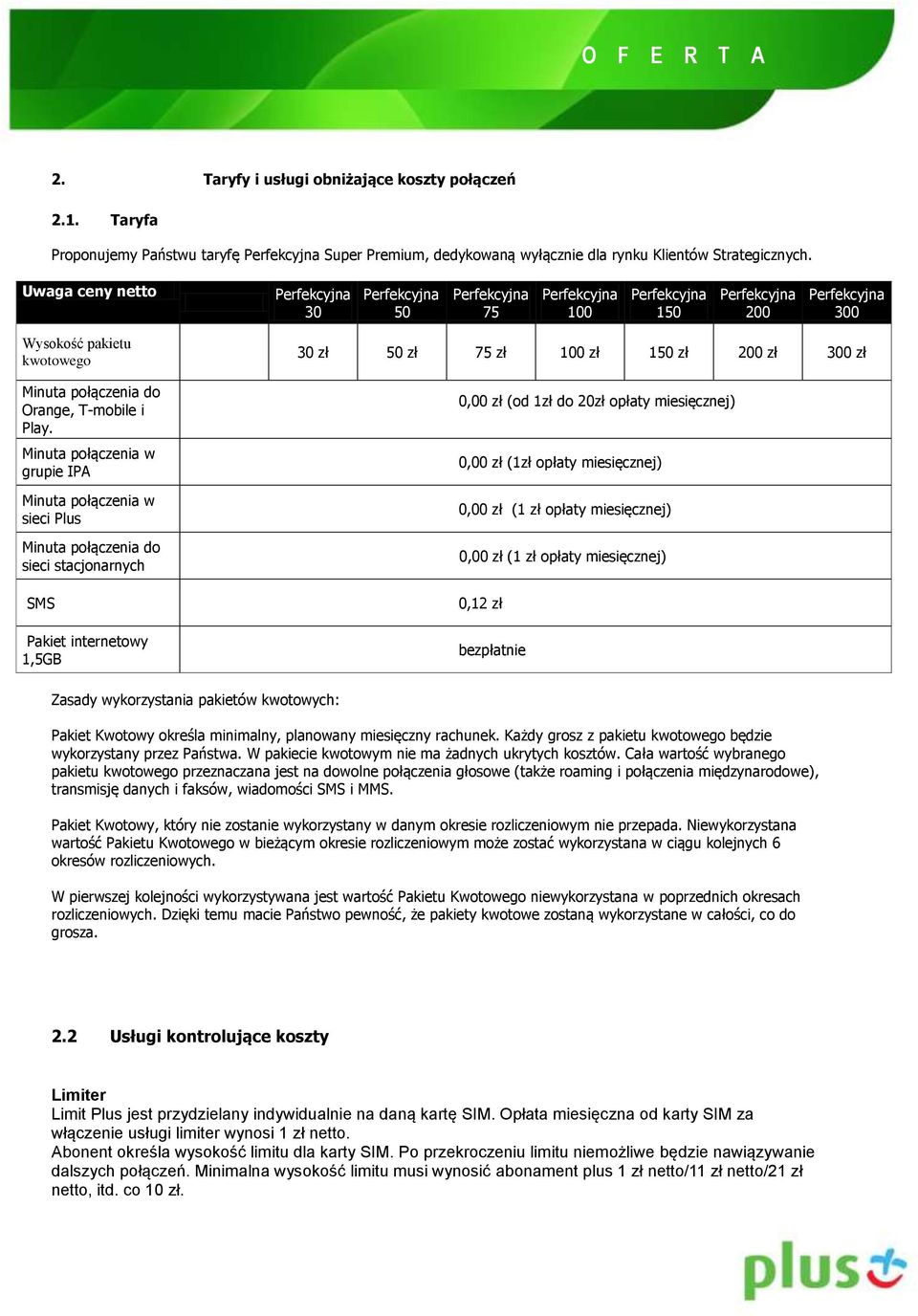 Minuta połączenia w grupie IPA Minuta połączenia w sieci Plus Minuta połączenia do sieci stacjonarnych SMS Pakiet internetowy 1,5GB 30 zł 50 zł 75 zł 100 zł 150 zł 200 zł 300 zł 0,00 zł (od 1zł do