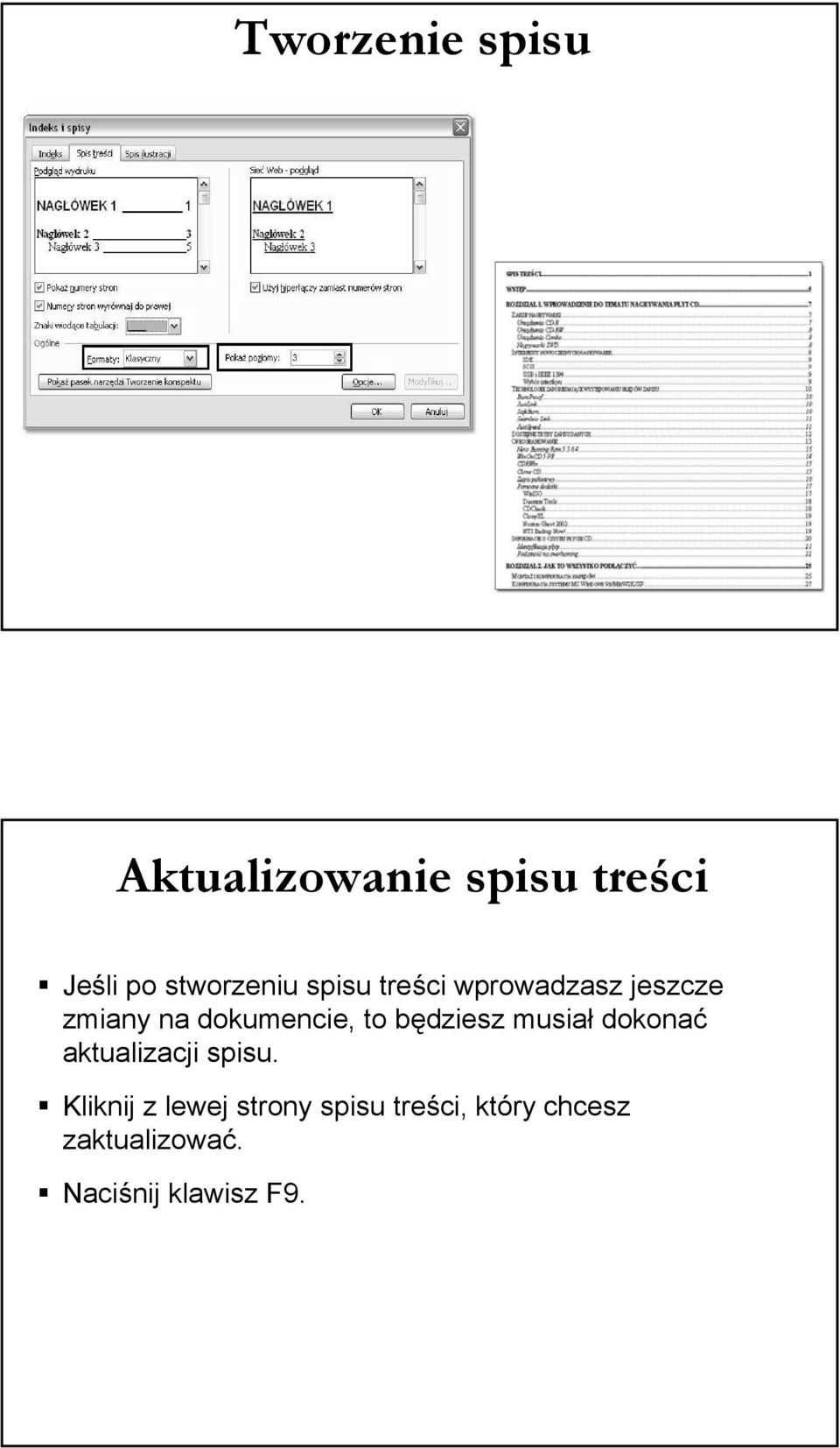 dokumencie, to będziesz musiał dokonać aktualizacji spisu.