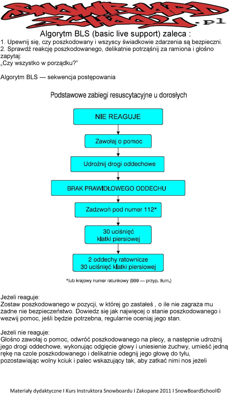 Algorytm BLS sekwencja postępowania Jeżeli reaguje: Zostaw poszkodowanego w pozycji, w której go zastałeś, o ile nie zagraża mu żadne nie bezpieczeństwo.