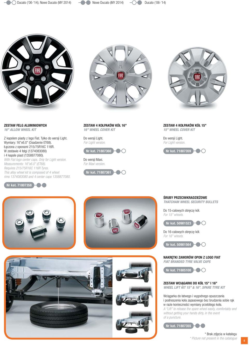 Requires 215/75R16C 116R Tyres. This alloy wheel kit is composed of 4 wheel rims 1374083080 and 4 center caps 1358877080. Nr kat. 71807358 ZESTAW 4 KOŁPAKÓW KÓŁ 16 16 WHEEL COVER KIT Do wersji Light.