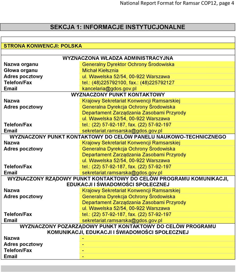 pl WYZNACZONY PUNKT KONTAKTOWY Nazwa Krajowy Sekretariat Konwencji Ramsarskiej Adres pocztowy Generalna Dyrekcja Ochrony Środowiska Departament Zarządzania Zasobami Przyrody ul.