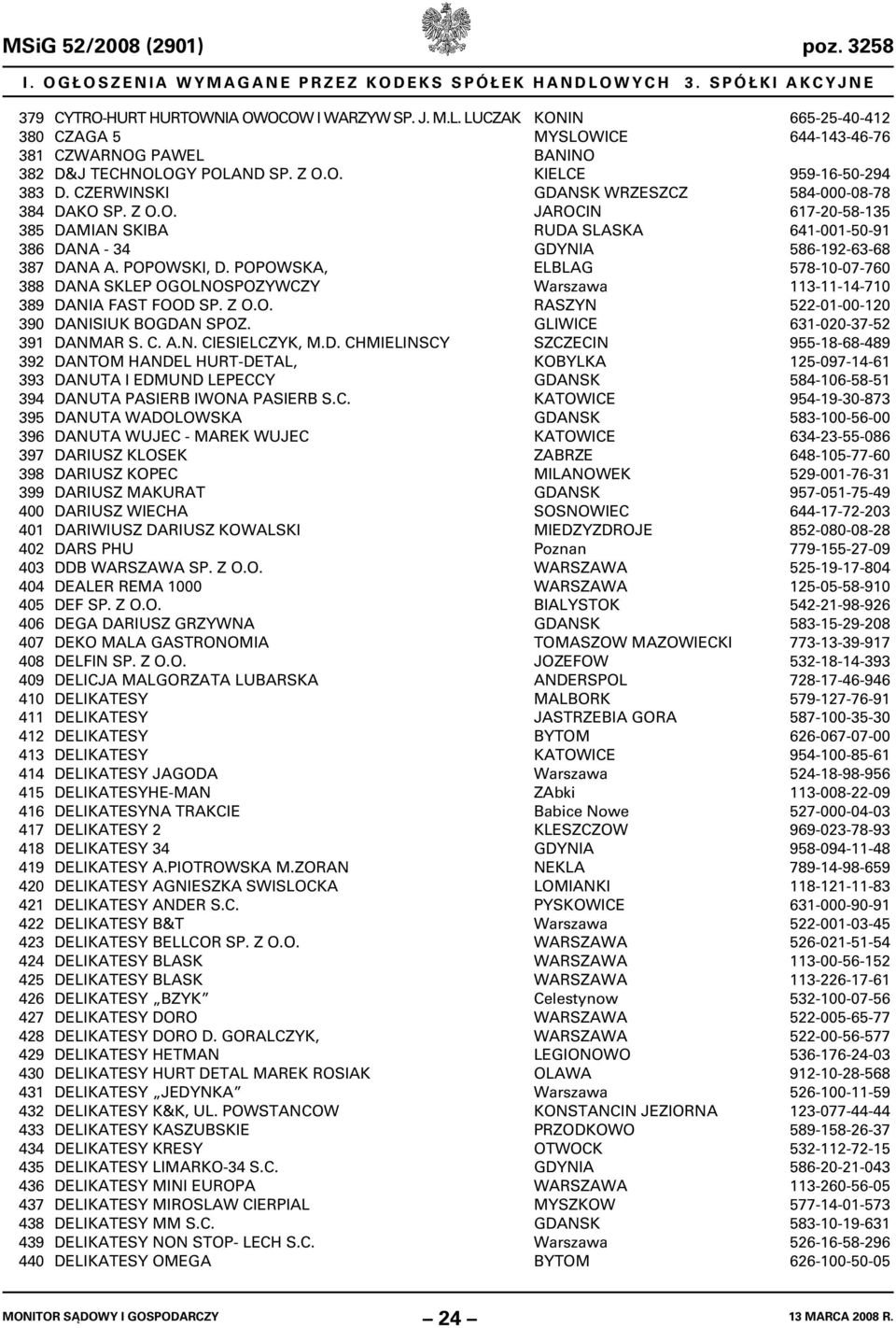 POPOWSKI, D. POPOWSKA, DANA SKLEP OGOLNOSPOZYWCZY DANIA FAST FOOD SP. Z O.O. DANISIUK BOGDAN SPOZ. DANMAR S. C. A.N. CIESIELCZYK, M.D. CHMIELINSCY DANTOM HANDEL HURT-DETAL, DANUTA I EDMUND LEPECCY DANUTA PASIERB IWONA PASIERB S.