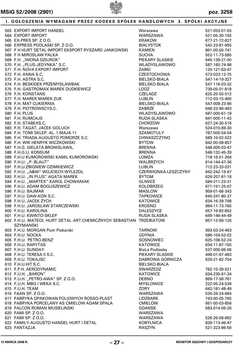 H. PLUS-JEDYNKA S.C. F.H. NOVA EXPORT-IMPORT F.H. ANNA S.C. F.H. ASTRA S.C. F.H. BESKIDEK PRZEMYSLAWBAK F.H. GASTROMAX MAREK DUDKIEWICZ F.H. KONSTANS F.H. MAREK MAREK ZUK F.H. MAT CUKIERNIA F.H. PIOTROWSCYS.