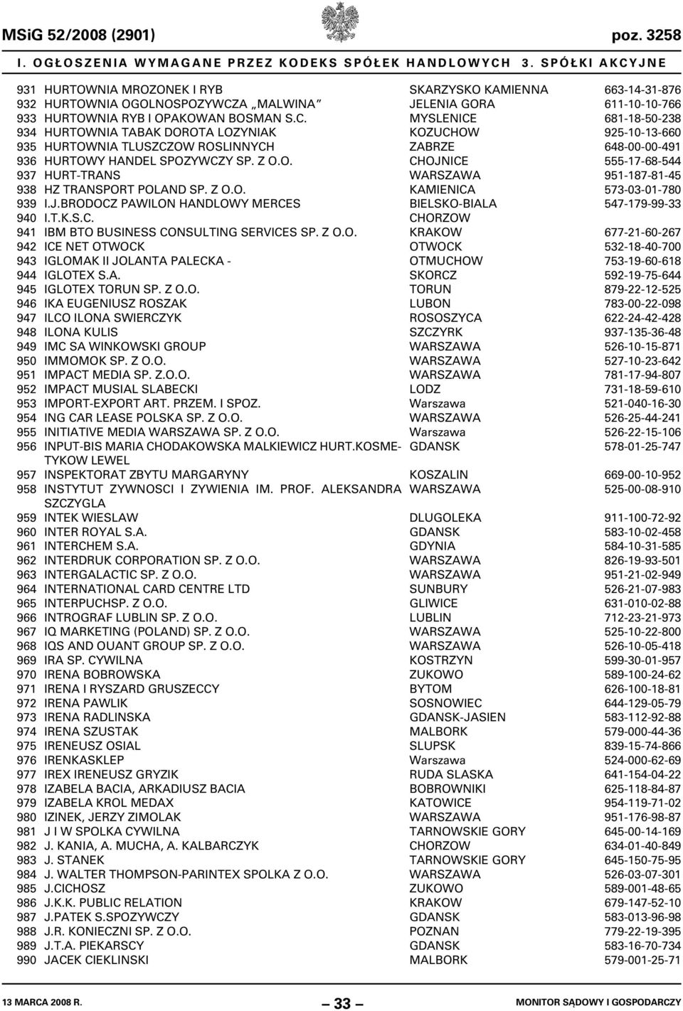 Z O.O. HURT-TRANS HZ TRANSPORT POLAND SP. Z O.O. I.J.BRODOCZ PAWILON HANDLOWY MERCES I.T.K.S.C. IBM BTO BUSINESS CONSULTING SERVICES SP. Z O.O. ICE NET OTWOCK IGLOMAK II JOLANTA PALECKA - IGLOTEX S.A. IGLOTEX TORUN SP.