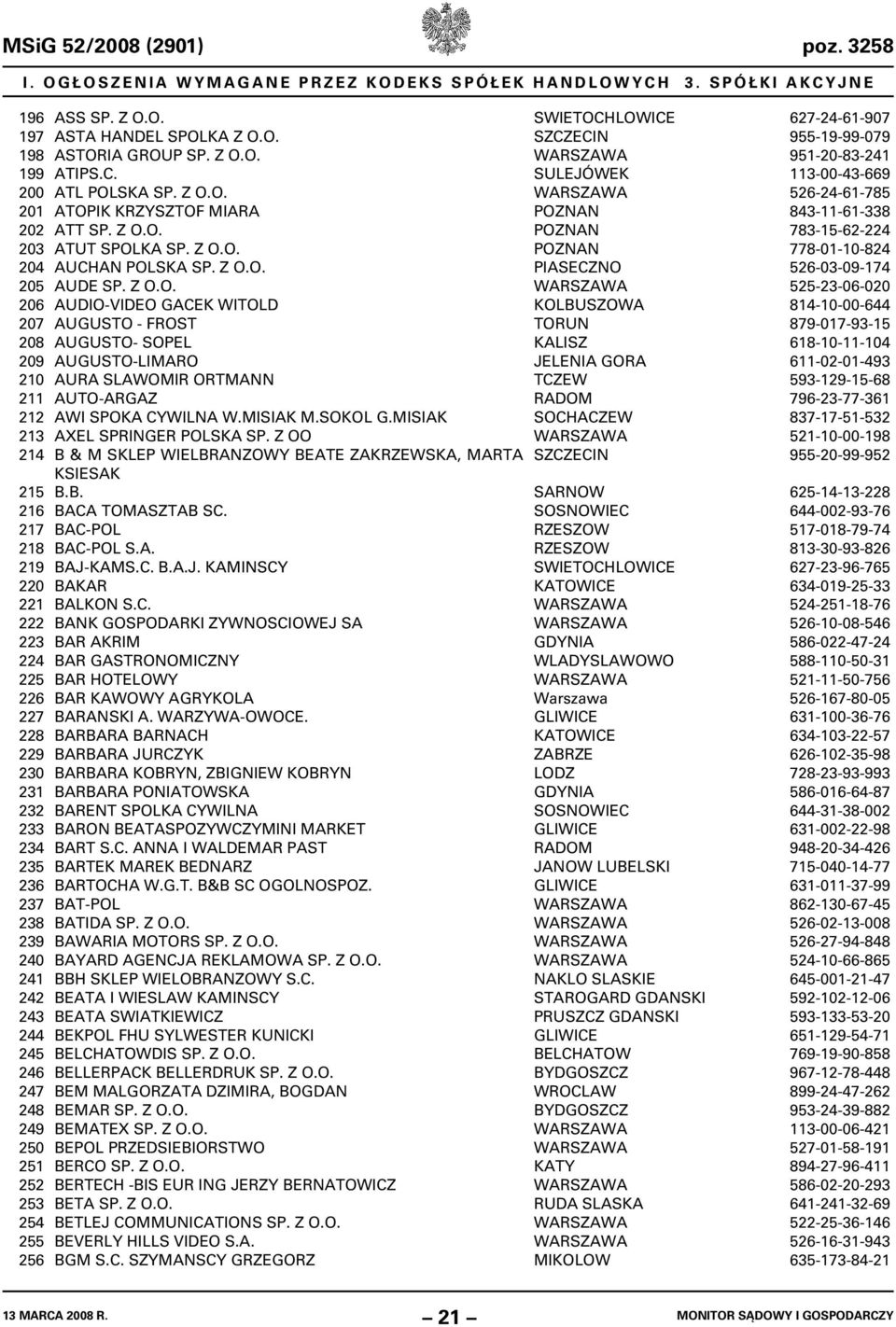 Z O.O. AUDE SP. Z O.O. AUDIO-VIDEO GACEK WITOLD AUGUSTO - FROST AUGUSTO- SOPEL AUGUSTO-LIMARO AURA SLAWOMIR ORTMANN AUTO-ARGAZ AWI SPOKA CYWILNA W.MISIAK M.SOKOL G.MISIAK AXEL SPRINGER POLSKA SP.