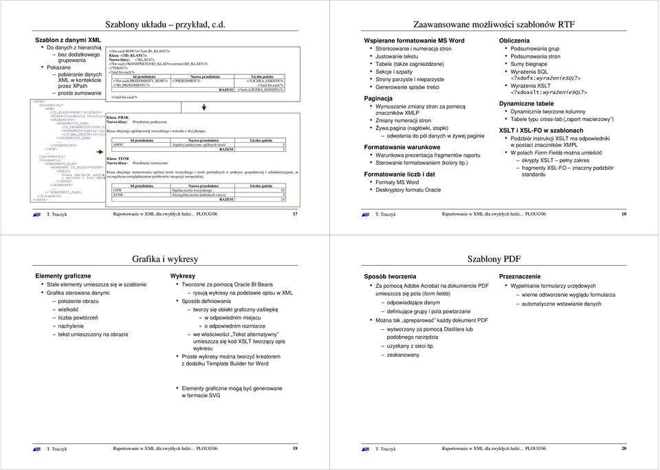 c.d. Zaawansowane moŝliwości szablonów RTF Szablon z danymi XML Do danych z hierarchią bez dodatkowego grupowania Pokazano pobieranie danych XML w kontekście przez XPath proste sumowanie <DATA>