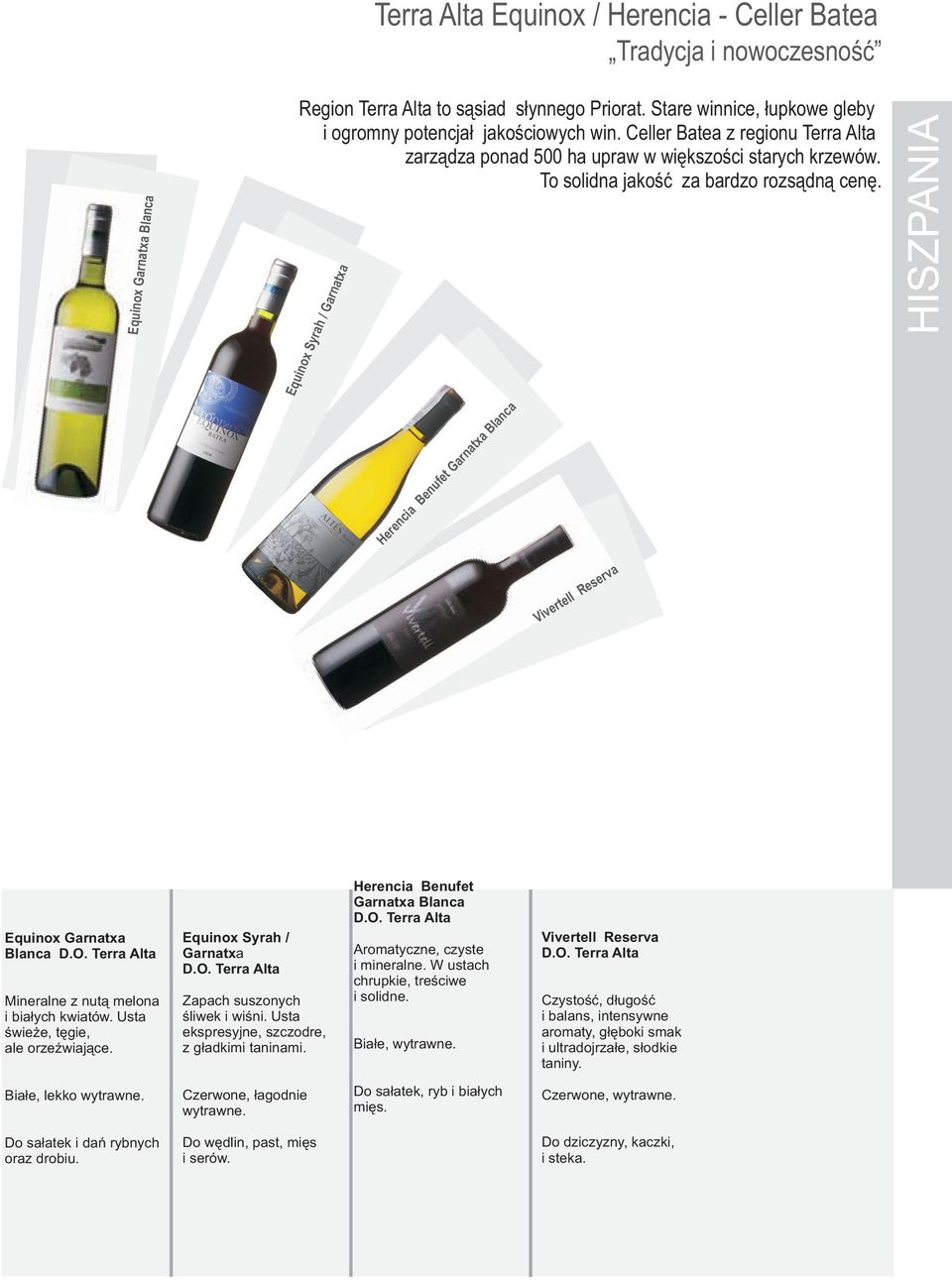 Equinox Garnatxa Blanca Equinox Syrah / Garnatxa Herencia Benufet Garnatxa Blanca Vivertell Reserva Equinox Garnatxa Blanca D.O. Terra Alta Mineralne z nut¹ melona i bia³ych kwiatów.