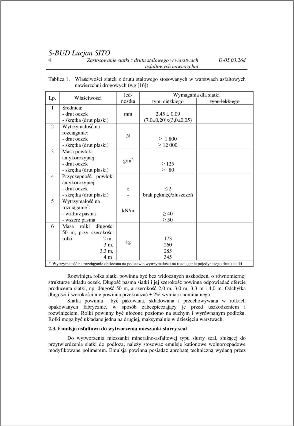 Przyczepność powłoki antykorozyjnej: - drut oczek - skrętka (drut płaski) 5 Wytrzymałość na rozciąganie * : - wzdłuż pasma - wszerz pasma 6 Masa rolki długości 50 m, przy szerokości rolki 2 m, 3 m,