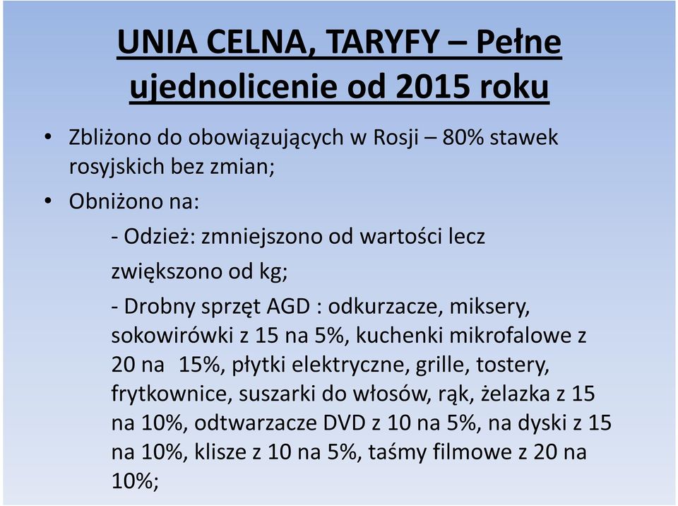 sokowirówki z 15 na 5%, kuchenki mikrofalowe z 20 na 15%, płytki elektryczne, grille, tostery, frytkownice, suszarki do