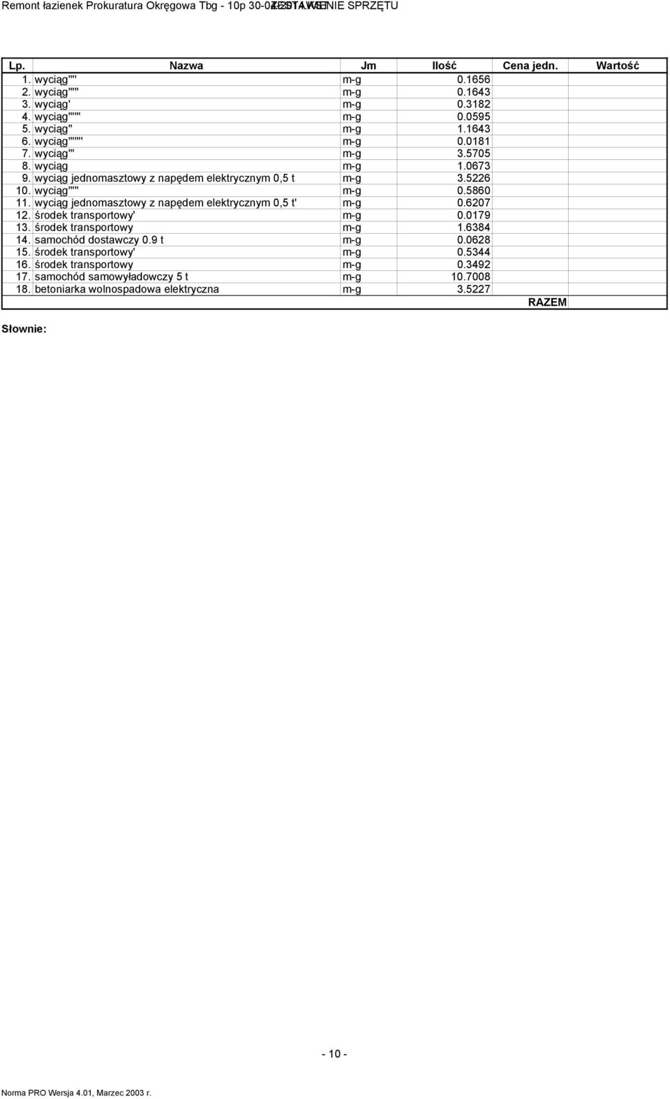 5226 10. wyciąg''''' m-g 0.5860 11. wyciąg jednomasztowy z napędem elektrycznym 0,5 t' m-g 0.6207 12. środek transportowy' m-g 0.0179 13. środek transportowy m-g 1.6384 14.