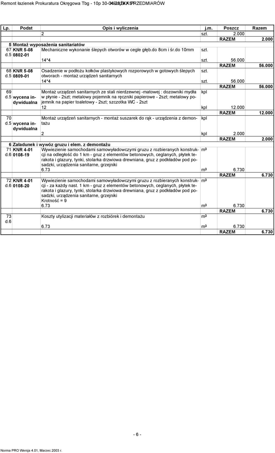 000 Osadzenie w podłożu kołków plastykowych rozporowych w gotowych ślepych otworach - montaż urządzeń sanitarnych 14*4 56.000 RAZEM 56.