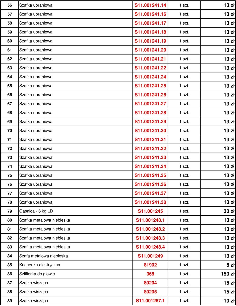 13 zł 64 Szafka ubraniowa S11.001241.24 1 szt. 13 zł 65 Szafka ubraniowa S11.001241.25 1 szt. 13 zł 66 Szafka ubraniowa S11.001241.26 1 szt. 13 zł 67 Szafka ubraniowa S11.001241.27 1 szt.