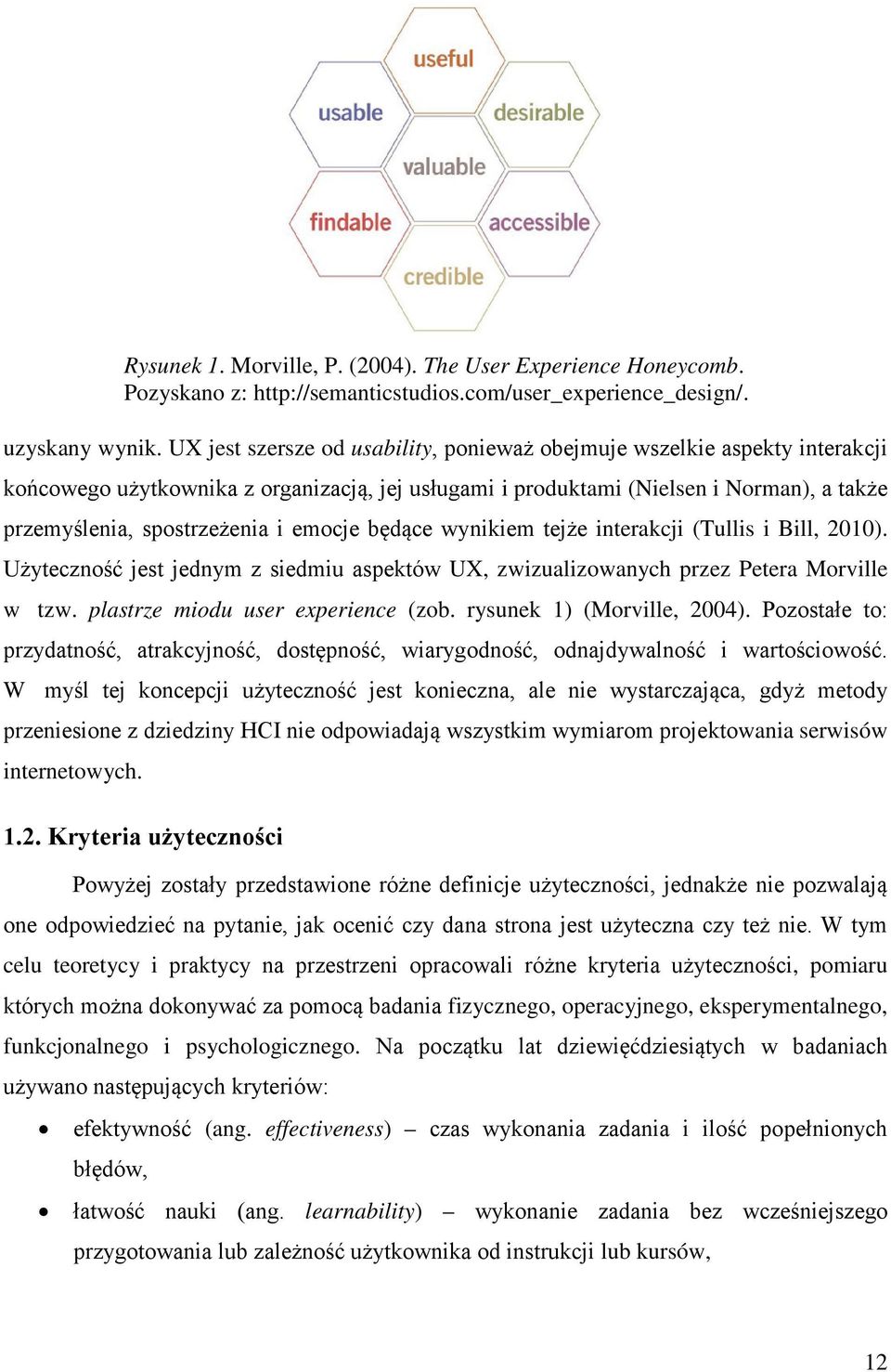 emocje będące wynikiem tejże interakcji (Tullis i Bill, 2010). Użyteczność jest jednym z siedmiu aspektów UX, zwizualizowanych przez Petera Morville w tzw. plastrze miodu user experience (zob.