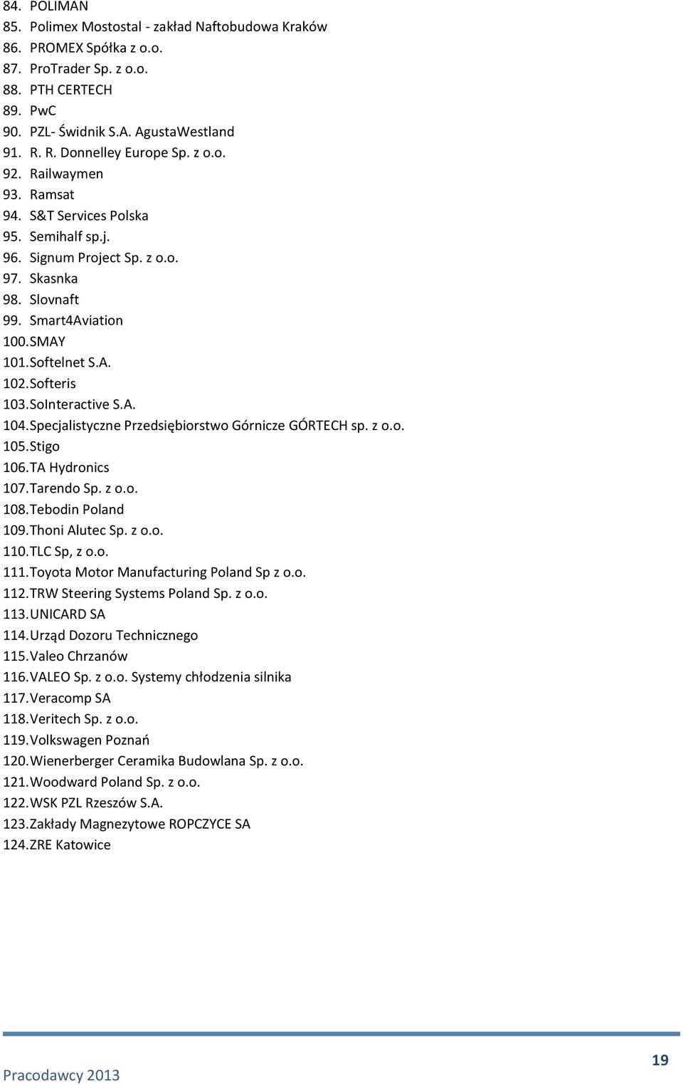 SoInteractive S.A. 104. Specjalistyczne Przedsiębiorstwo Górnicze GÓRTECH sp. z o.o. 105. Stigo 106. TA Hydronics 107. Tarendo Sp. z o.o. 108. Tebodin Poland 109. Thoni Alutec Sp. z o.o. 110.