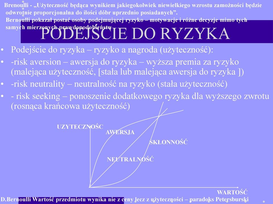 (użyteczność): -risk aversion awersja do ryzyka wyższa premia za ryzyko (malejąca użyteczność, [stała lub malejąca awersja do ryzyka ]) -risk neutrality neutralność na ryzyko (stała