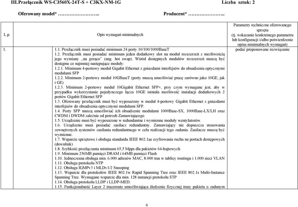 2.1. Minimum 4-portowy moduł Gigabit Ethernet z gniazdami interfejsów do obsadzenia optycznymi modułami SFP 1.2.2. Minimum 2-portowy moduł 10GBaseT (porty muszą umożliwiać pracę zarówno jako 10GE, jak i GE) 1.