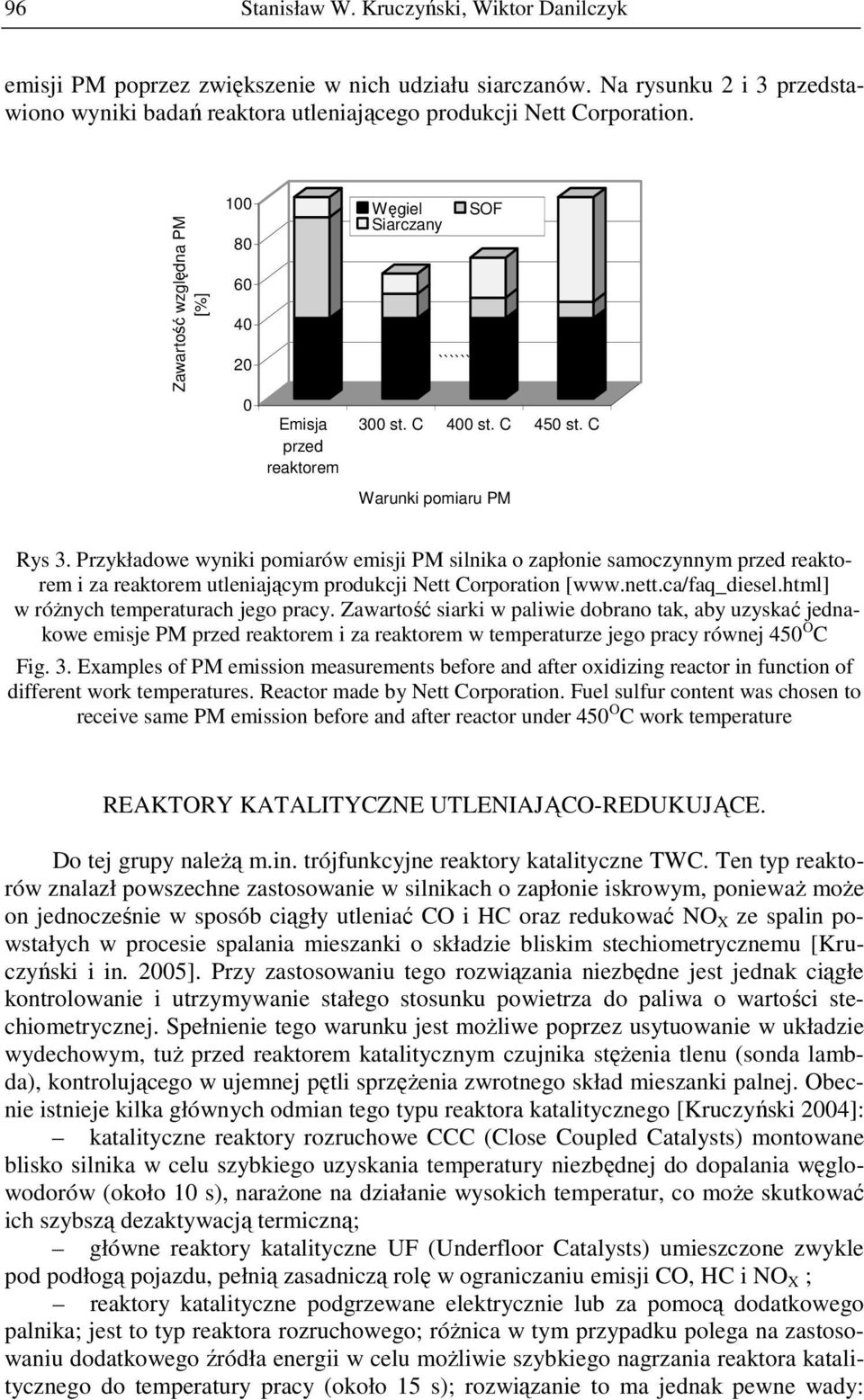 Przykładowe wyniki pomiarów emisji PM silnika o zapłonie samoczynnym przed reaktorem i za reaktorem utleniającym produkcji Nett Corporation [www.nett.ca/faq_diesel.