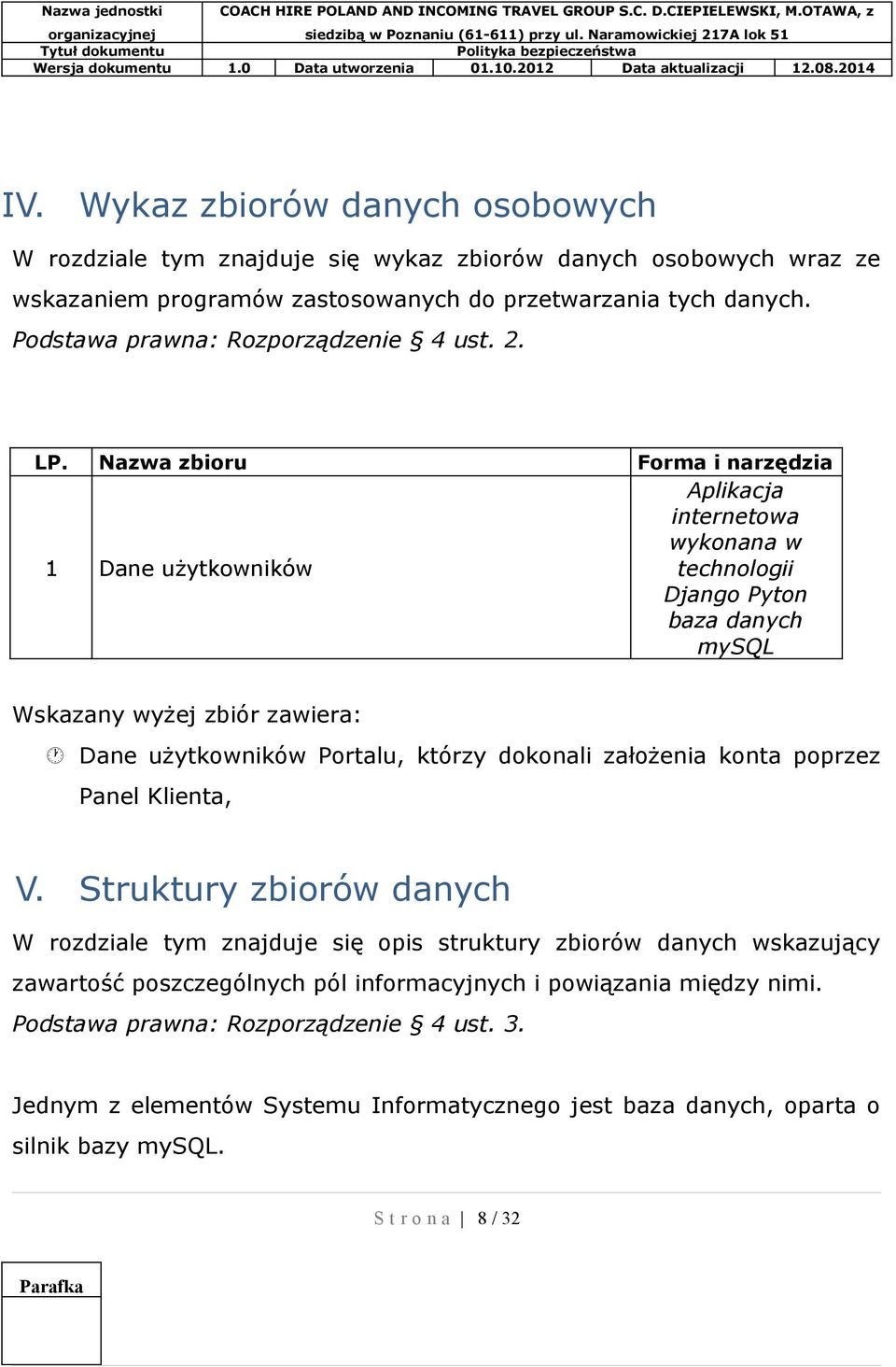 Nazwa zbioru Forma i narzędzia 1 Dane użytkowników Aplikacja internetowa wykonana w technologii Django Pyton baza danych mysql Wskazany wyżej zbiór zawiera: Dane użytkowników Portalu, którzy