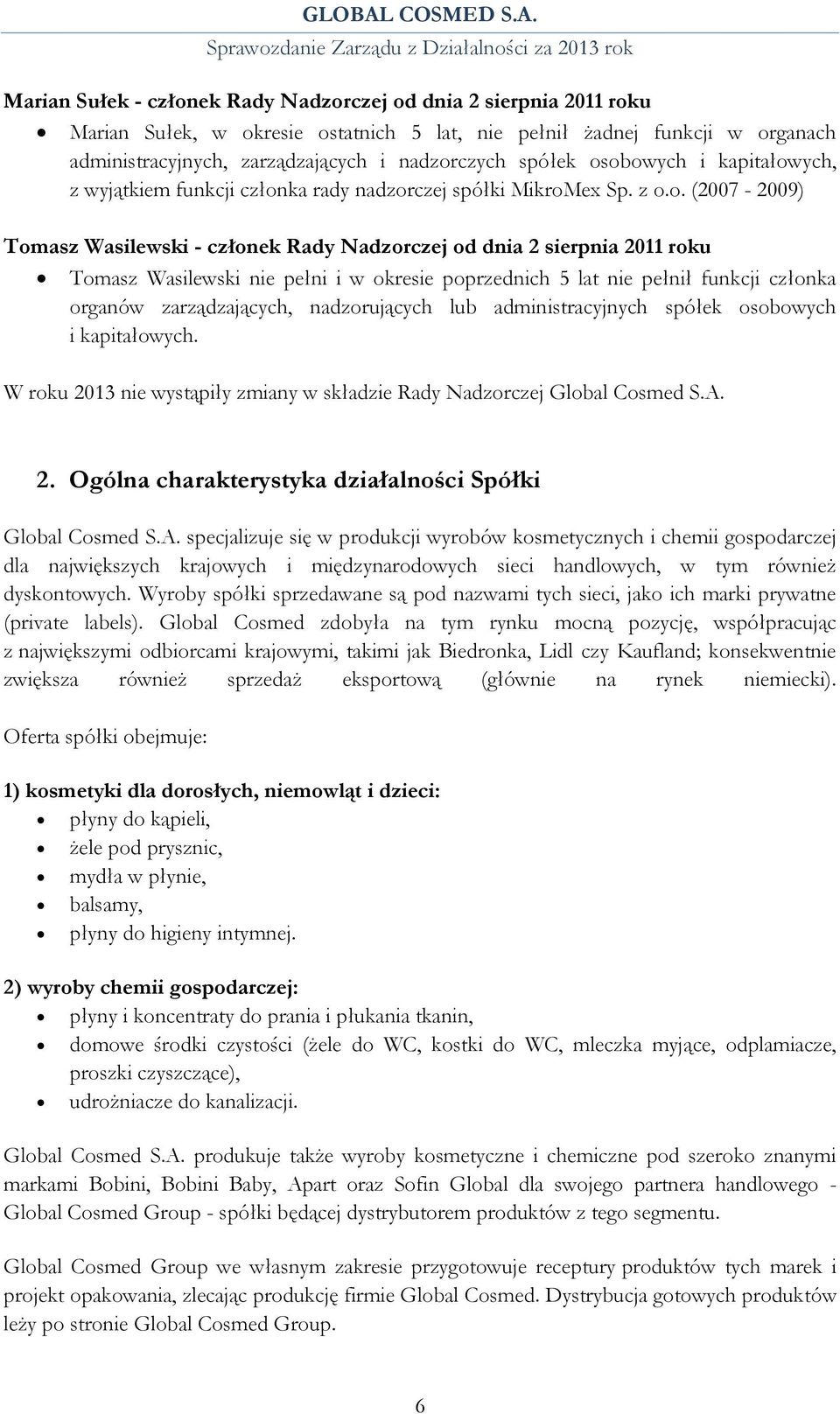 obowych i kapitałowych, z wyjątkiem funkcji członka rady nadzorczej spółki MikroMex Sp. z o.o. (2007-2009) Tomasz Wasilewski - członek Rady Nadzorczej od dnia 2 sierpnia 2011 roku Tomasz Wasilewski