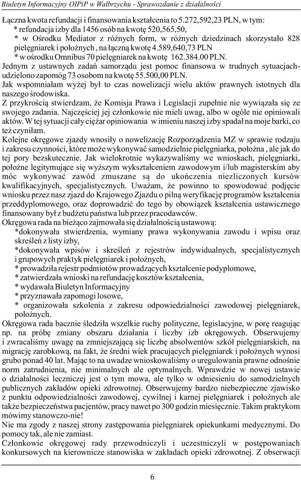 589,640,73 PLN * w ośrodku Omnibus 70 pielęgniarek na kwotę 162.384.00 PLN. Jednym z ustawnych zadań samorządu jest pomoc finansowa w trudnych sytuacjachudzielono zapomóg 73 osobom na kwotę 55.