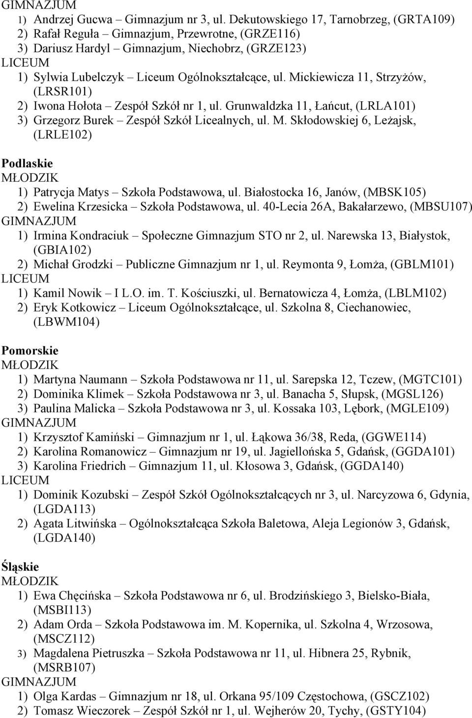 Mickiewicza 11, Strzyżów, (LRSR101) 2) Iwona Hołota Zespół Szkół nr 1, ul. Grunwaldzka 11, Łańcut, (LRLA101) 3) Grzegorz Burek Zespół Szkół Licealnych, ul. M.