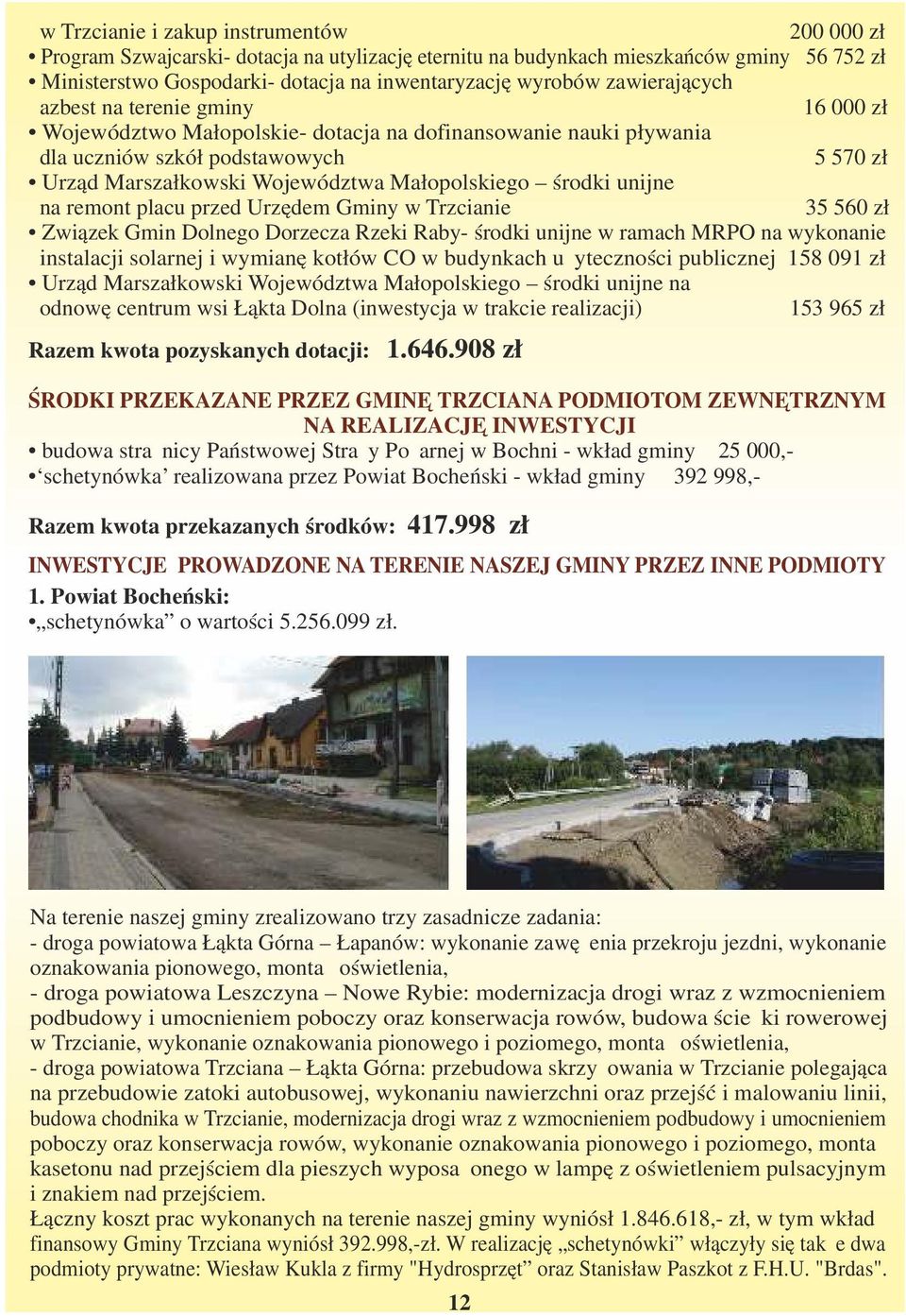 środki unijne na remont placu przed Urzędem Gminy w Trzcianie 35 560 zł Związek Gmin Dolnego Dorzecza Rzeki Raby- środki unijne w ramach MRPO na wykonanie instalacji solarnej i wymianę kotłów CO w