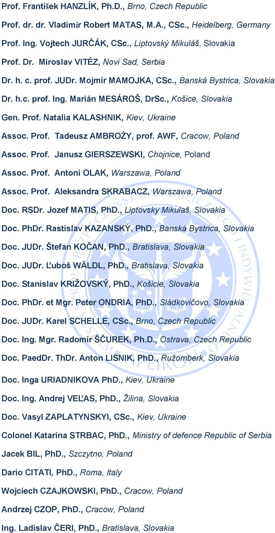 Natalia KALASHNIK, Kiev, Ukraine Assoc. Prof. Tadeusz AMBROŻY, prof. AWF, Cracow, Poland Assoc. Prof. Janusz GIERSZEWSKI, Chojnice, Poland Assoc. Prof. Antoni OLAK, Warszawa, Poland Assoc. Prof. Aleksandra SKRABACZ, Warszawa, Poland Doc.