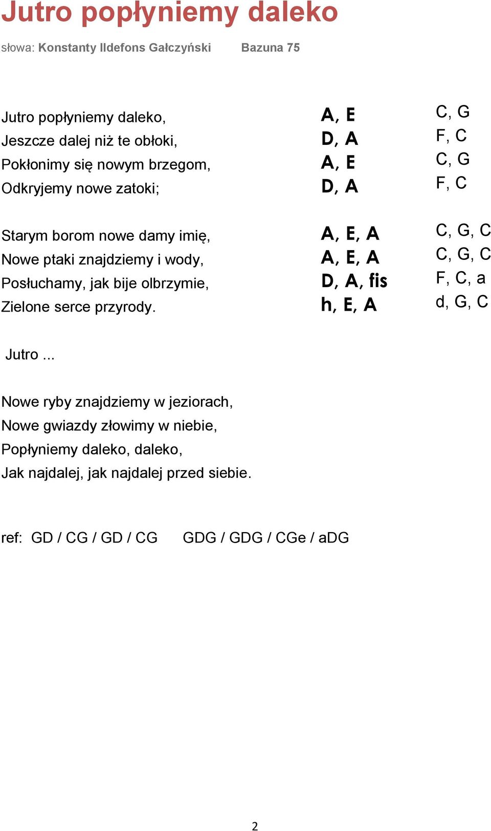 A, E, A C, G, C Posłuchamy, jak bije olbrzymie, D, A, fis F, C, a Zielone serce przyrody. h, E, A d, G, C Jutro.