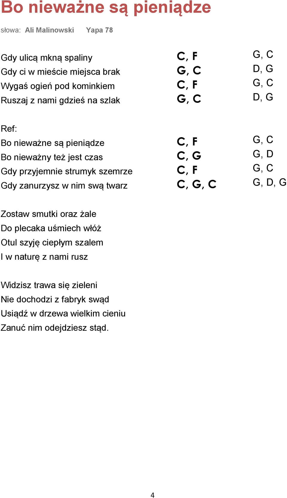 przyjemnie strumyk szemrze C, F G, C Gdy zanurzysz w nim swą twarz C, G, C G, D, G Zostaw smutki oraz żale Do plecaka uśmiech włóż Otul szyję