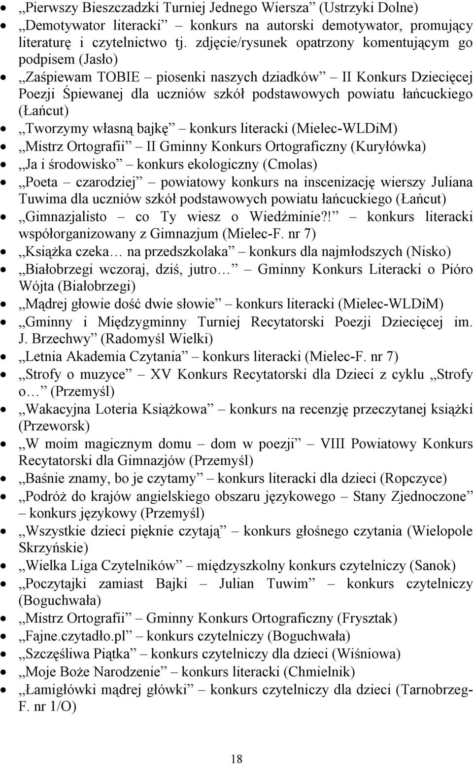 Tworzymy własną bajkę konkurs literacki (Mielec-WLDiM) Mistrz Ortografii II Gminny Konkurs Ortograficzny (Kuryłówka) Ja i środowisko konkurs ekologiczny (Cmolas) Poeta czarodziej powiatowy konkurs na