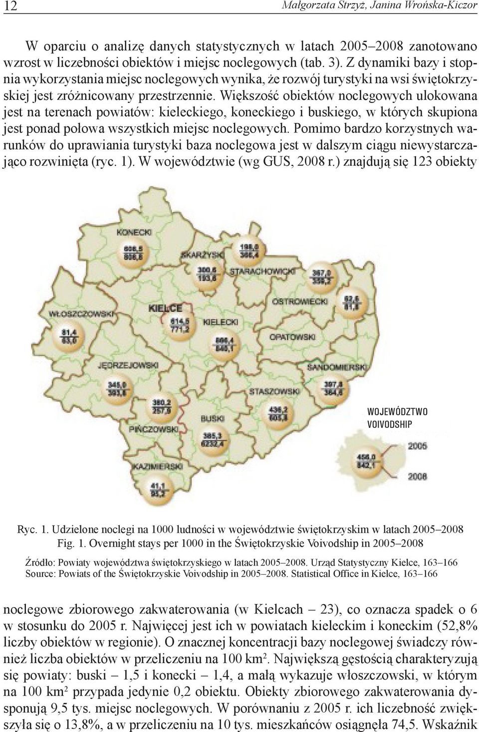 Większość obiektów noclegowych ulokowana jest na terenach powiatów: kieleckiego, koneckiego i buskiego, w których skupiona jest ponad połowa wszystkich miejsc noclegowych.