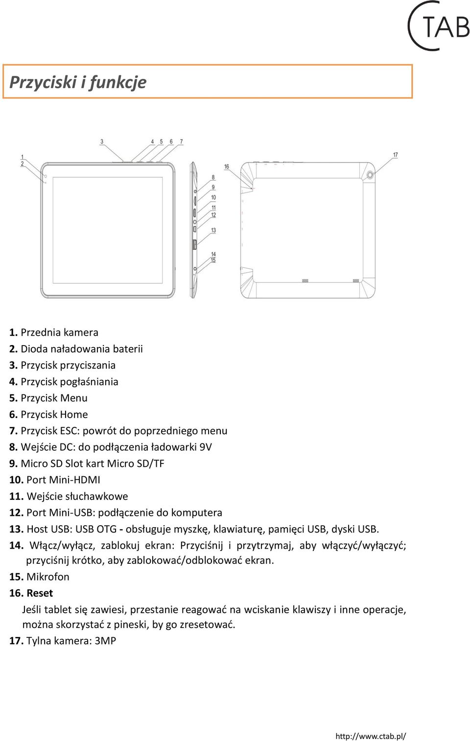 Port Mini-USB: podłączenie do komputera 13. Host USB: USB OTG - obsługuje myszkę, klawiaturę, pamięci USB, dyski USB. 14.