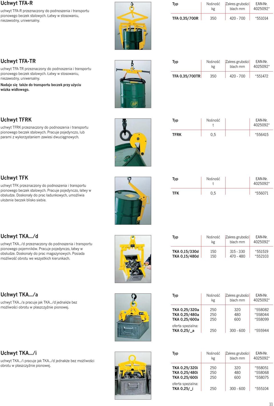 Nadaje się akże do ransporu beczek przy użyciu wózka widłowego. kg blach mm TFA 0,35/700TR 350 420-700 *551472 Uchwy TFRK uchwy TFRK przeznaczony do podnoszenia i ransporu pionowego beczek salowych.