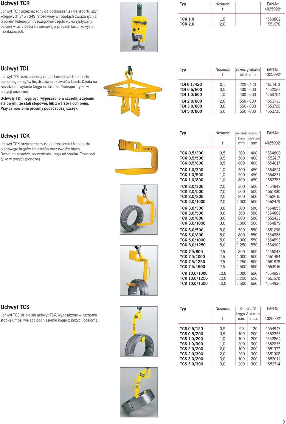 TCR 1,0 1,0 *550802 TCR 2,0 2,0 *551076 Uchwy TDI uchwy TDI przeznaczony do podnoszenia i ransporu poziomego kręgów lin, druów oraz zwojów blach. Działa na zasadzie chwyania kręgu od środka.