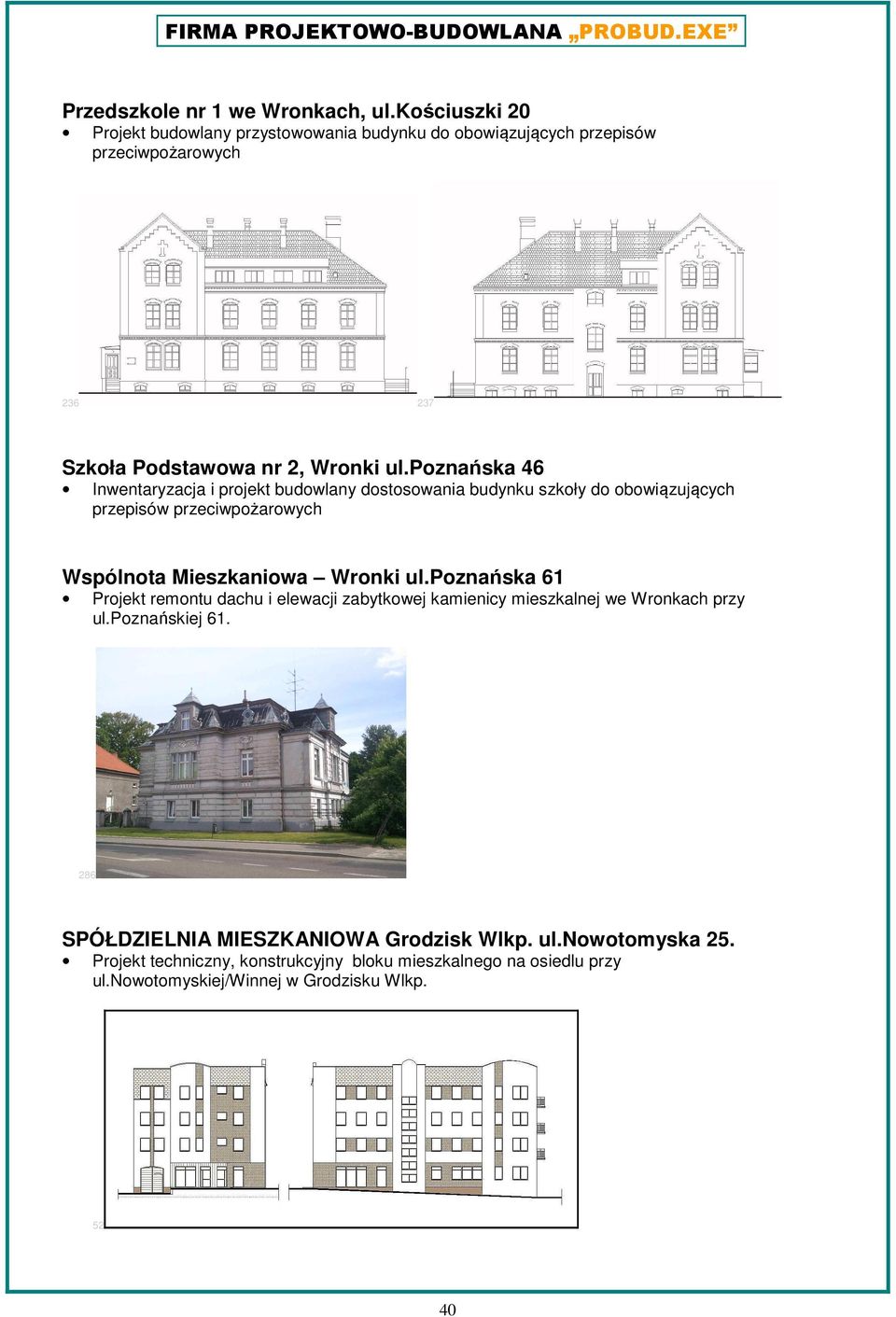 poznańska 46 Inwentaryzacja i projekt budowlany dostosowania budynku szkoły do obowiązujących przepisów przeciwpożarowych Wspólnota Mieszkaniowa Wronki ul.