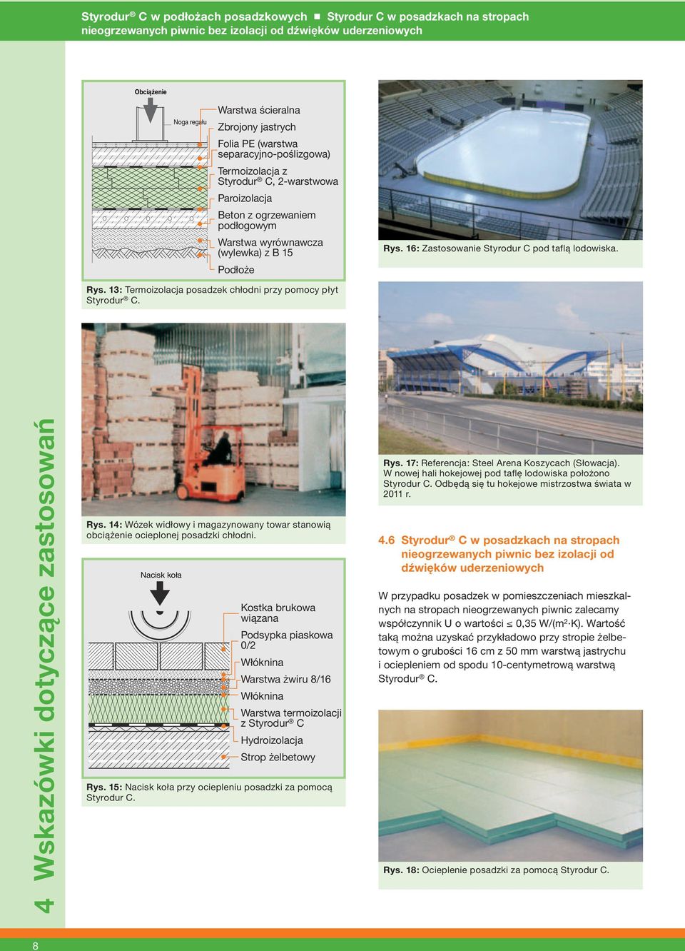 16: Zastosowanie Styrodur C pod taflą lodowiska. Rys. 13: Termoizolacja posadzek chłodni przy pomocy płyt Styrodur C. 4 Wskazówki dotyczące zastosowań Rys.