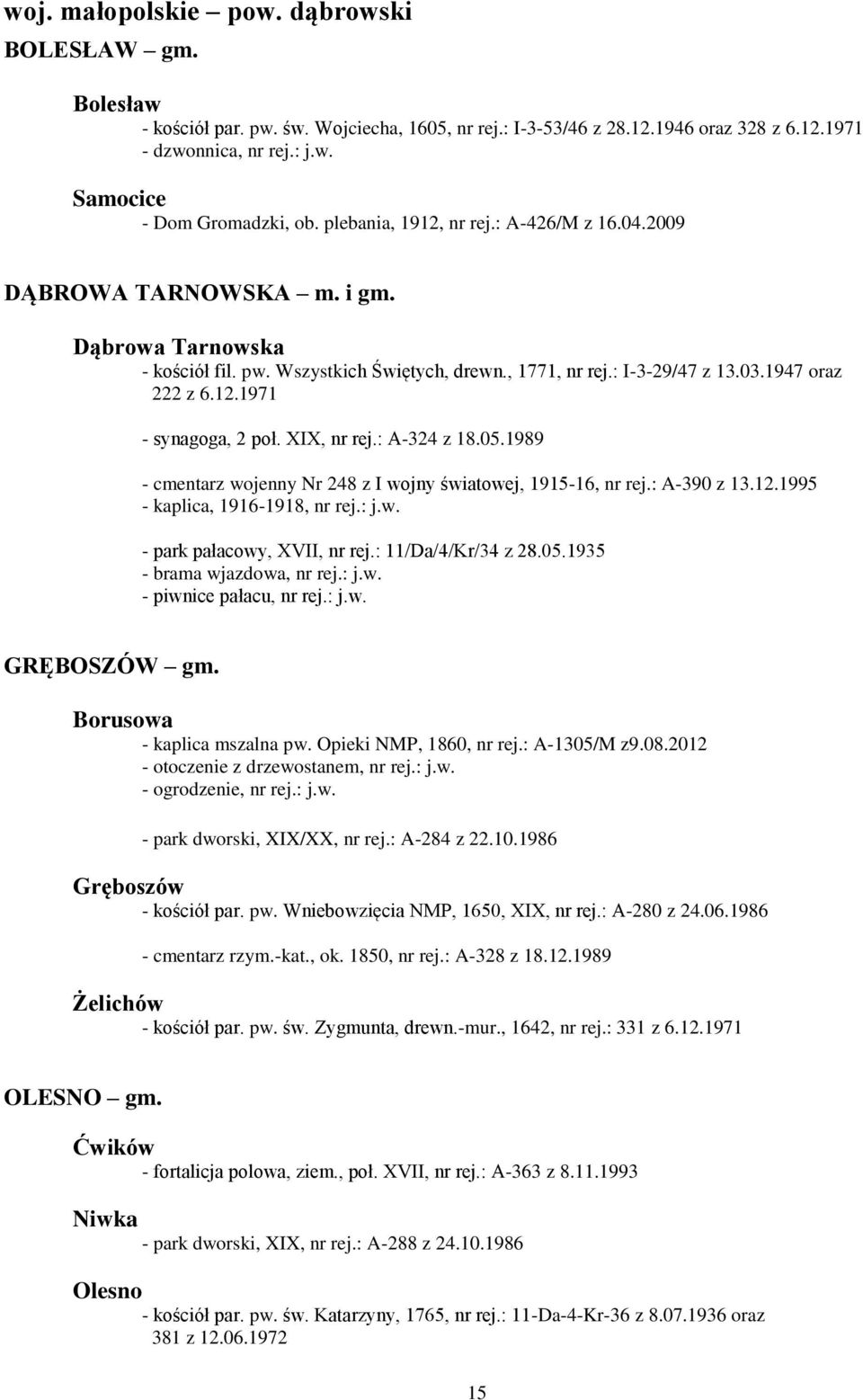 XIX, nr rej.: A-324 z 18.05.1989 - cmentarz wojenny Nr 248 z I wojny światowej, 1915-16, nr rej.: A-390 z 13.12.1995 - kaplica, 1916-1918, nr rej.: j.w. pałacowy, XVII, nr rej.: 11/Da/4/Kr/34 z 28.05.1935 - brama wjazdowa, nr rej.