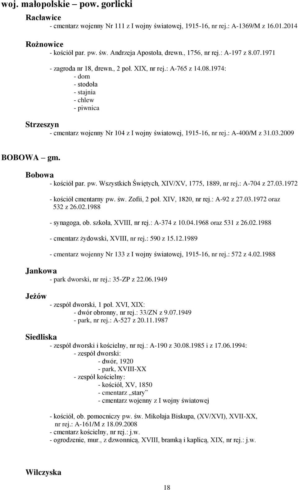 1974: - dom - stodoła - stajnia - chlew - piwnica Strzeszyn - cmentarz wojenny Nr 104 z I wojny światowej, 1915-16, nr rej.: A-400/M z 31.03.2009 BOBOWA gm. Bobowa - kościół par. pw.