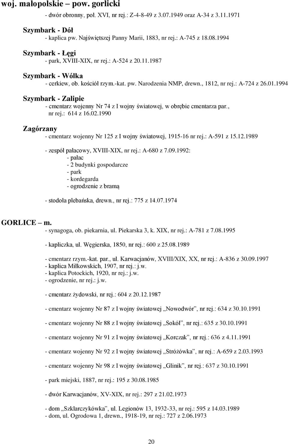 1994 Szymbark - Zalipie - cmentarz wojenny Nr 74 z I wojny światowej, w obrębie cmentarza par., nr rej.: 614 z 16.02.1990 Zagórzany - cmentarz wojenny Nr 125 z I wojny światowej, 1915-16 nr rej.