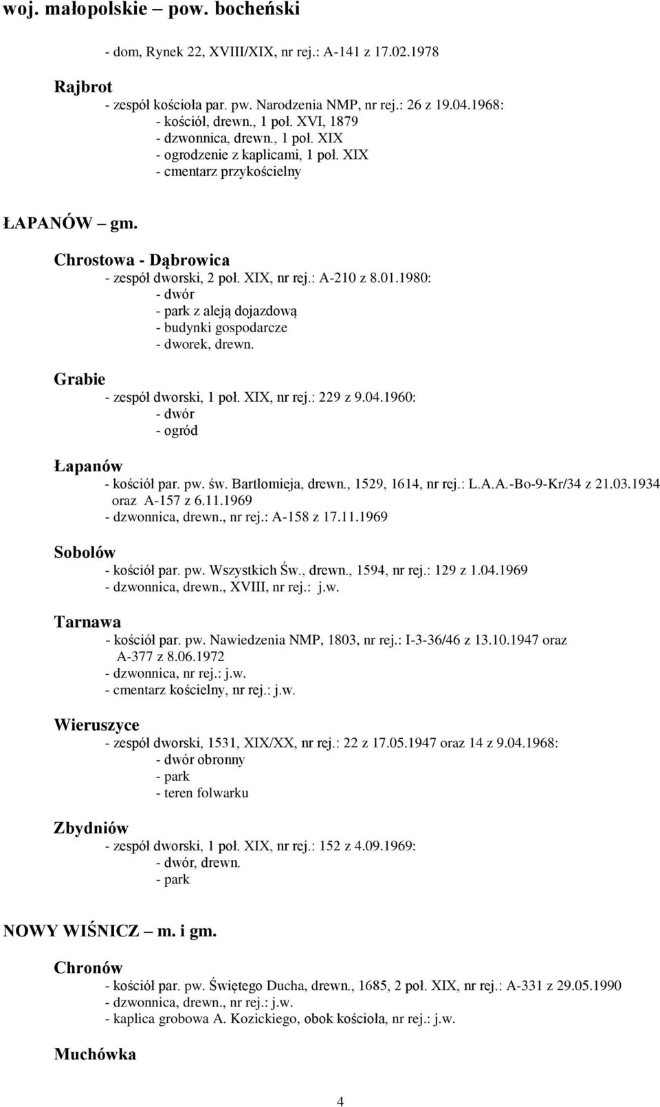 1980: z aleją dojazdową - budynki gospodarcze - dworek, drewn. Grabie - zespół dworski, 1 poł. XIX, nr rej.: 229 z 9.04.1960: - ogród Łapanów - kościół par. pw. św. Bartłomieja, drewn.