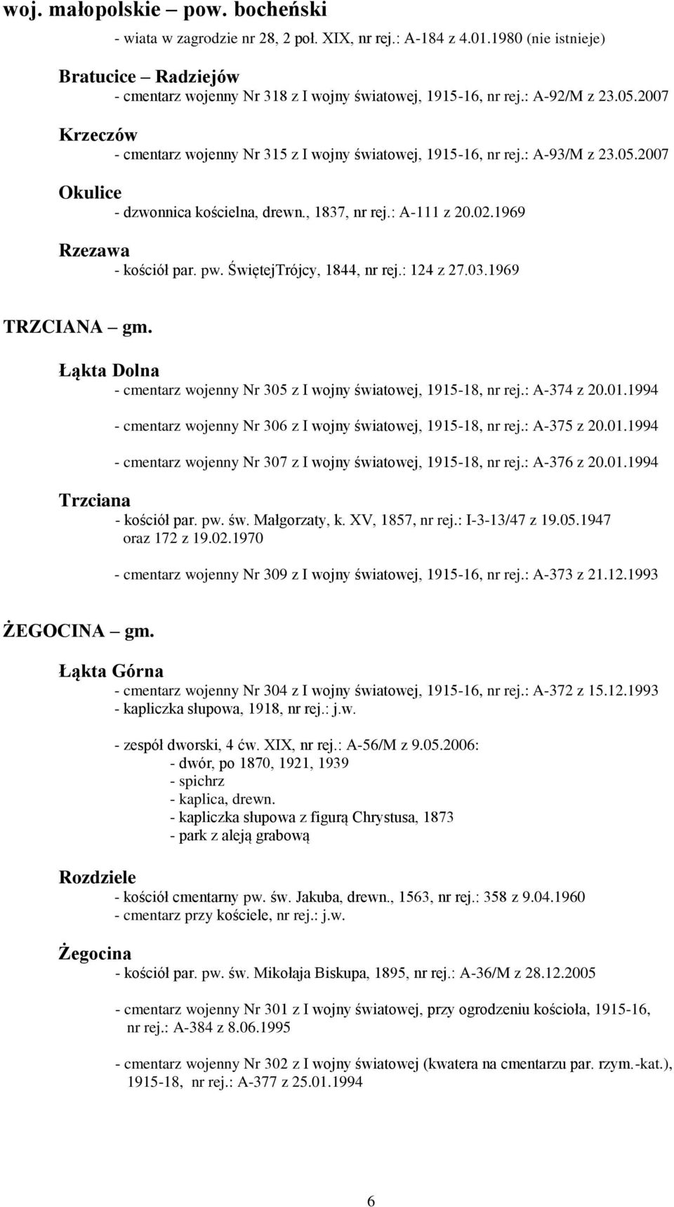 1969 Rzezawa - kościół par. pw. ŚwiętejTrójcy, 1844, nr rej.: 124 z 27.03.1969 TRZCIANA gm. Łąkta Dolna - cmentarz wojenny Nr 305 z I wojny światowej, 1915-18, nr rej.: A-374 z 20.01.