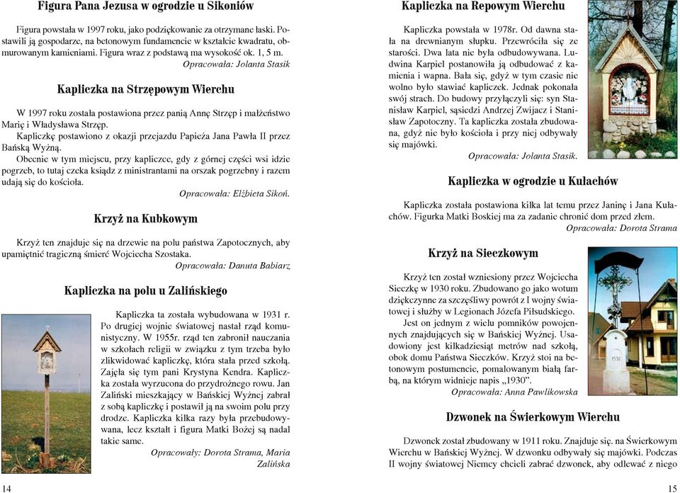 Opracowała: Jolanta Stasik Kapliczka na Strzępowym Wierchu W 1997 roku została postawiona przez panią Annę Strzęp i małżeństwo Marię i Władysława Strzęp.